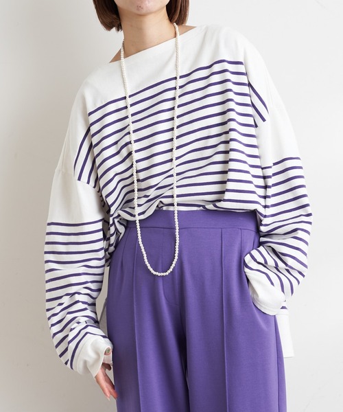 CIAOPANIC TYPY(チャオパニックティピー)の「パネルボーダーワイドスリーブTEE(Tシャツ/カットソー・レディース・パープル/ネイビー/オレンジ・ONE SIZE)」の3枚目の写真