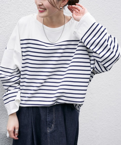 CIAOPANIC TYPY(チャオパニックティピー)の「パネルボーダーワイドスリーブTEE(Tシャツ/カットソー・レディース・パープル/ネイビー/オレンジ・ONE SIZE)」の8枚目の写真