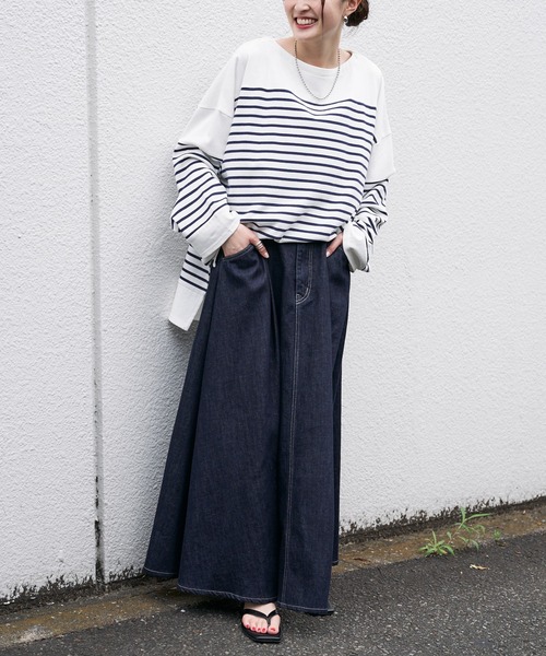 CIAOPANIC TYPY(チャオパニックティピー)の「パネルボーダーワイドスリーブTEE(Tシャツ/カットソー・レディース・パープル/ネイビー/オレンジ・ONE SIZE)」の4枚目の写真