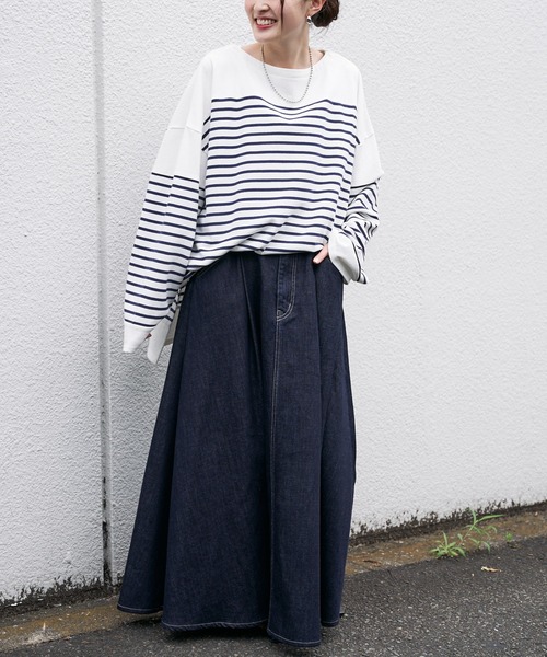 CIAOPANIC TYPY(チャオパニックティピー)の「パネルボーダーワイドスリーブTEE(Tシャツ/カットソー・レディース・パープル/ネイビー/オレンジ・ONE SIZE)」の13枚目の写真