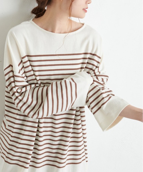 PUAL CE CIN（ピュアルセシン）の「パネルボーダーチュニック（Tシャツ/カットソー・レディース・グレー/ブラウン/グリーン/イエロー/ピンク・FREE）」の3枚目の写真