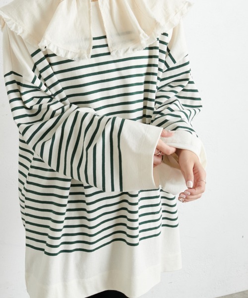 PUAL CE CIN（ピュアルセシン）の「パネルボーダーチュニック（Tシャツ/カットソー・レディース・グレー/ブラウン/グリーン/イエロー/ピンク・FREE）」の4枚目の写真