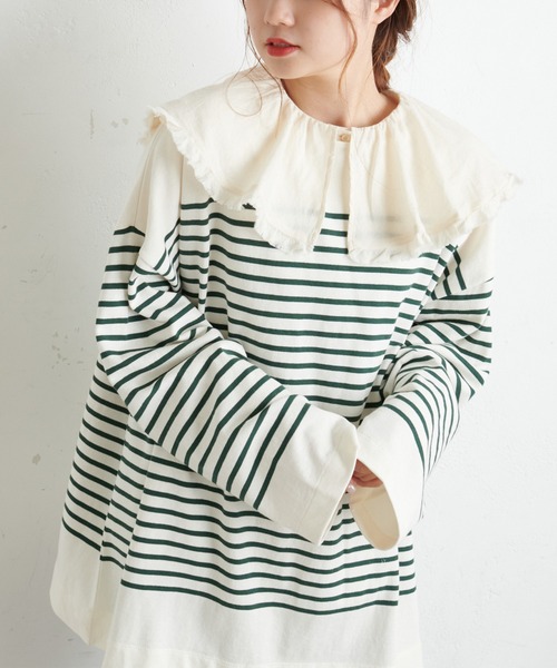 PUAL CE CIN（ピュアルセシン）の「パネルボーダーチュニック（Tシャツ/カットソー・レディース・グレー/ブラウン/グリーン/イエロー/ピンク・FREE）」の9枚目の写真