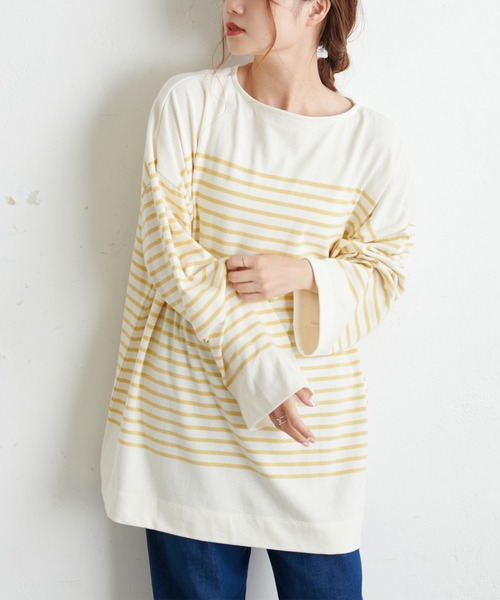 PUAL CE CIN（ピュアルセシン）の「パネルボーダーチュニック（Tシャツ/カットソー・レディース・グレー/ブラウン/グリーン/イエロー/ピンク・FREE）」の6枚目の写真