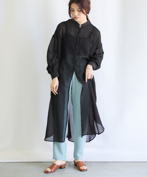 select MOCA（セレクトモカ）の「バイカラーステッチシアーガーゼロングシャツ（シャツ/ブラウス・レディース・ブラック/オフホワイト・FREE）」の9枚目の写真