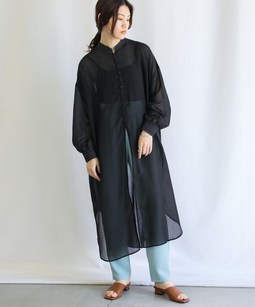 select MOCA（セレクトモカ）の「バイカラーステッチシアーガーゼロングシャツ（シャツ/ブラウス・レディース・ブラック/オフホワイト・FREE）」の5枚目の写真