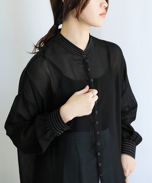 select MOCA（セレクトモカ）の「バイカラーステッチシアーガーゼロングシャツ（シャツ/ブラウス・レディース・ブラック/オフホワイト・FREE）」の6枚目の写真