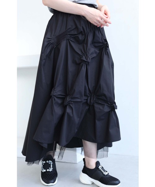 cawaii（カワイイ）の「（黒）裾から覗くチュールのダイヤカットタックロングスカート（スカート・レディース・ブラック・FREE）」の5枚目の写真