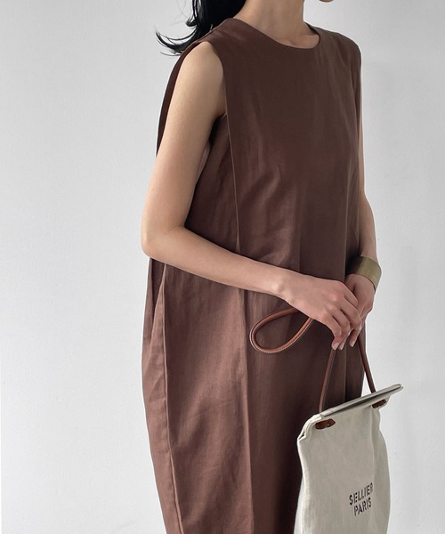 【2022SS】【綿麻使用】麻混Iラインノースリーブロング丈ワンピース