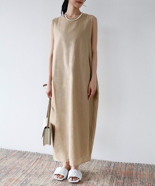 【2022SS】【綿麻使用】麻混Iラインノースリーブロング丈ワンピース