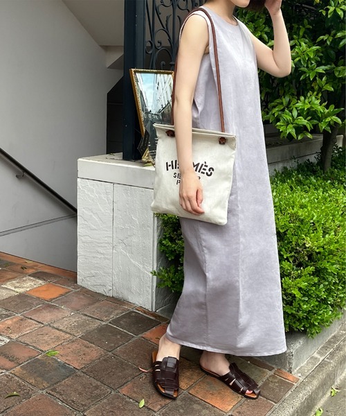 【2022SS】【綿麻使用】麻混Iラインノースリーブロング丈ワンピース