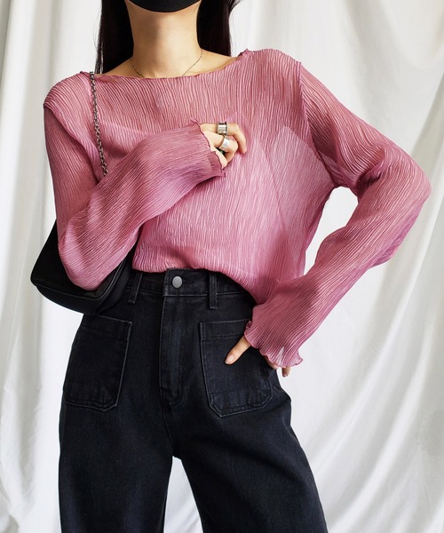 me+em select（ミームセレクト）の「※※【キャミソール付き】シアー楊柳プリーツメロートップス（シャツ/ブラウス・レディース・ホワイト/ブラック/ベージュ/パープル/グレー/モカ/ブルー系その他/ミント/ピンク・FREE/LARGE）」の9枚目の写真