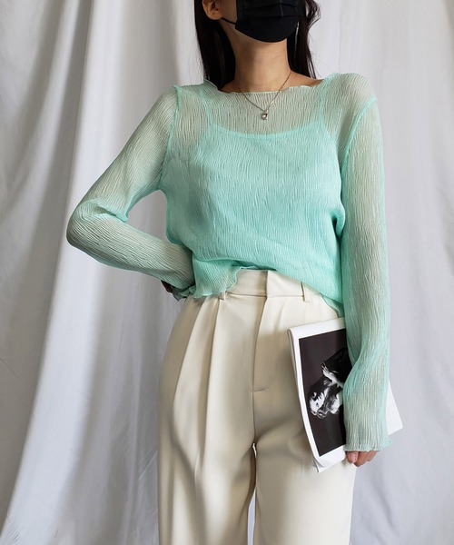 セール】※※【キャミソール付き】シアー楊柳プリーツメロートップス