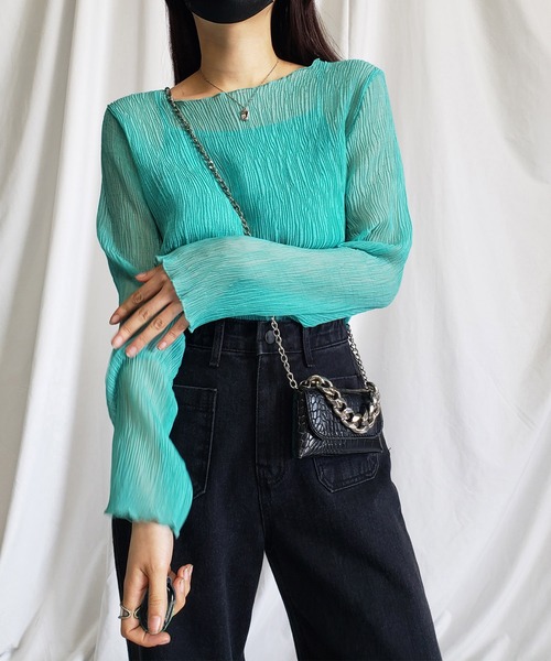 セール】※※【キャミソール付き】シアー楊柳プリーツメロートップス