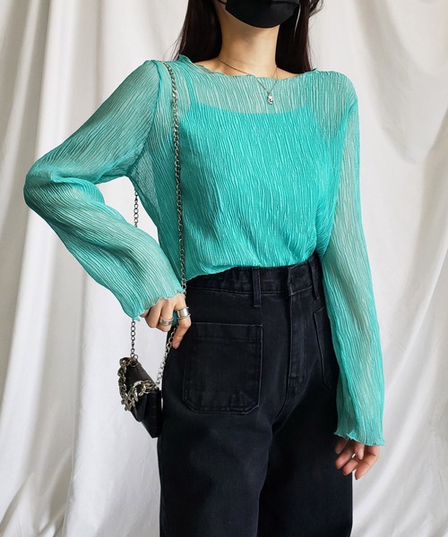 セール】※※【キャミソール付き】シアー楊柳プリーツメロートップス