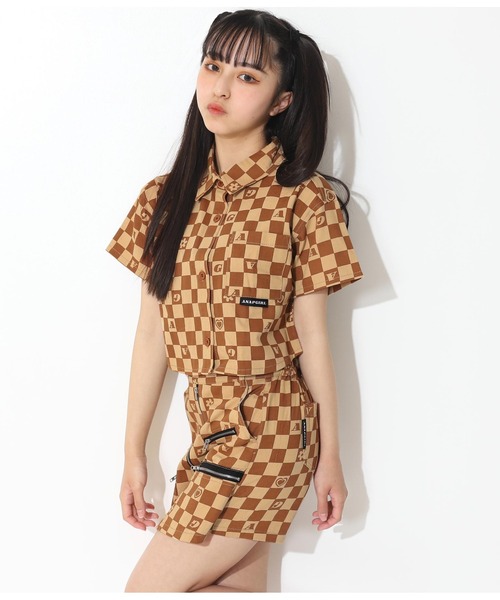 ANAP GiRL(アナップガール)の「モチーフチェッカー柄ショートシャツ【セットアップ着用可】(シャツ/ブラウス・キッズ・ベージュ/グリーン・S/M/XS)」の5枚目の写真