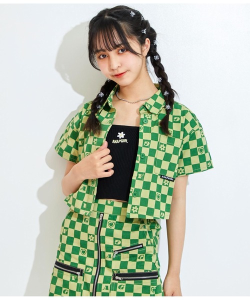ANAP GiRL(アナップガール)の「モチーフチェッカー柄ショートシャツ【セットアップ着用可】(シャツ/ブラウス・キッズ・ベージュ/グリーン・S/M/XS)」の3枚目の写真