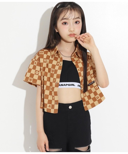 ANAP GiRL(アナップガール)の「モチーフチェッカー柄ショートシャツ【セットアップ着用可】(シャツ/ブラウス・キッズ・ベージュ/グリーン・S/M/XS)」の17枚目の写真