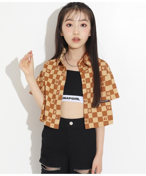 ANAP GiRL(アナップガール)の「モチーフチェッカー柄ショートシャツ【セットアップ着用可】(シャツ/ブラウス・キッズ・ベージュ/グリーン・S/M/XS)」の18枚目の写真