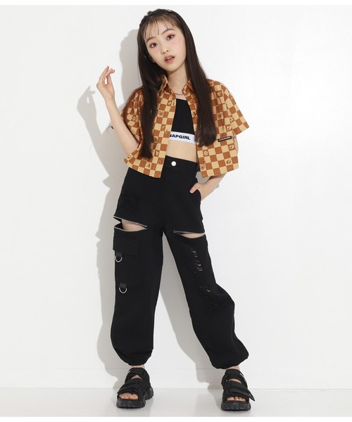 ANAP GiRL(アナップガール)の「モチーフチェッカー柄ショートシャツ【セットアップ着用可】(シャツ/ブラウス・キッズ・ベージュ/グリーン・S/M/XS)」の19枚目の写真