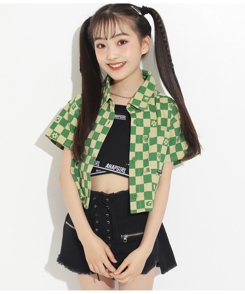 ANAP GiRL(アナップガール)の「モチーフチェッカー柄ショートシャツ【セットアップ着用可】(シャツ/ブラウス・キッズ・ベージュ/グリーン・S/M/XS)」の20枚目の写真