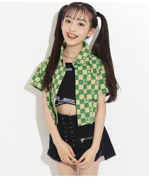 ANAP GiRL(アナップガール)の「モチーフチェッカー柄ショートシャツ【セットアップ着用可】(シャツ/ブラウス・キッズ・ベージュ/グリーン・S/M/XS)」の21枚目の写真