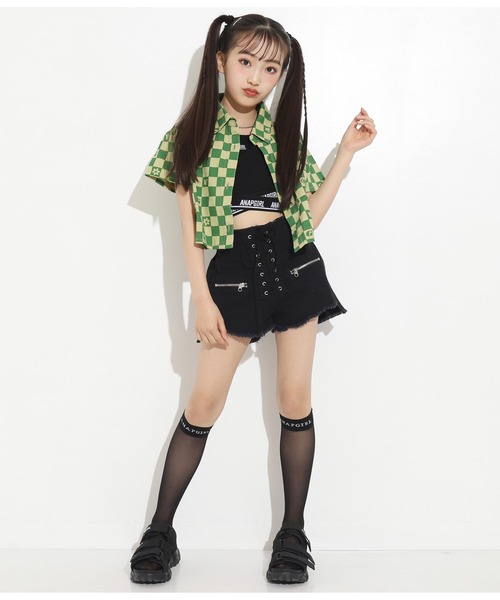 ANAP GiRL(アナップガール)の「モチーフチェッカー柄ショートシャツ【セットアップ着用可】(シャツ/ブラウス・キッズ・ベージュ/グリーン・S/M/XS)」の22枚目の写真