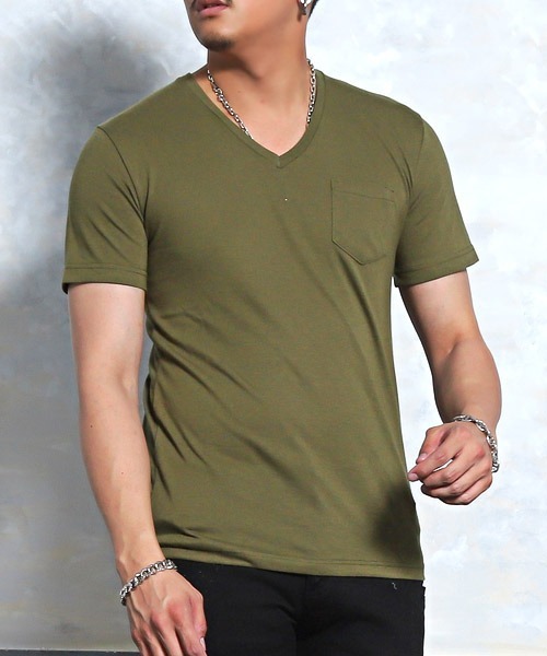 LUXSTYLE(ラグスタイル)の「無地ポケット付きVネック半袖Tシャツ(Tシャツ/カットソー・メンズ・ブラック/ネイビー/グレー/イエロー系その他/ライトピンク/ホワイト/ピンク系その他/カーキ・L/M/XL)」の5枚目の写真