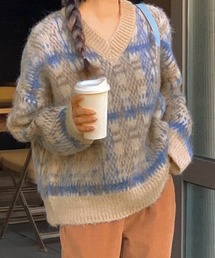 Dalfwin | 2022 AW 秋冬 韓国ファッション ニット レディース　ウール混チェック柄ニット プルオーバー チェックニット モヘアトップス(ニット/セーター)