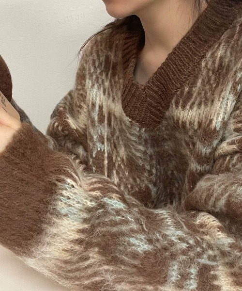 Dalfwin(ダールフィン)の「ウール混チェック柄ニット プルオーバー(ニット/セーター・レディース・ベージュ/ブラウン/グレー・FREE)」の12枚目の写真