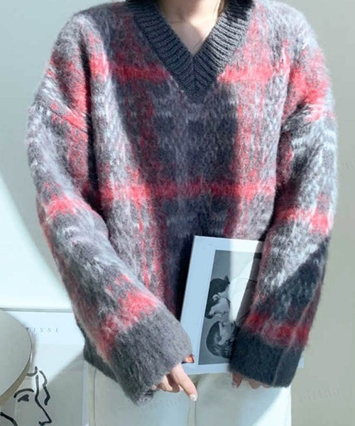 Dalfwin(ダールフィン)の「ウール混チェック柄ニット プルオーバー(ニット/セーター・レディース・ベージュ/ブラウン/グレー・FREE)」の6枚目の写真