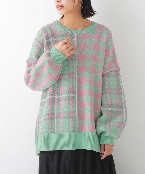 n'OrLABEL(ノアールレーベル)の「『チェック柄切替ステッチジャカードニット』(ニット/セーター・レディース・ミント/ブルーグリーン・FREE)」の3枚目の写真