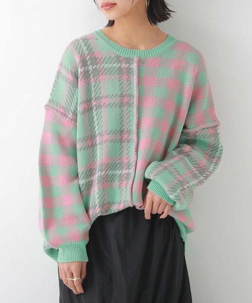 n'OrLABEL(ノアールレーベル)の「『チェック柄切替ステッチジャカードニット』(ニット/セーター・レディース・ミント/ブルーグリーン・FREE)」の4枚目の写真
