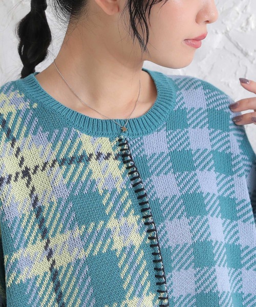 n'OrLABEL(ノアールレーベル)の「『チェック柄切替ステッチジャカードニット』(ニット/セーター・レディース・ミント/ブルーグリーン・FREE)」の9枚目の写真