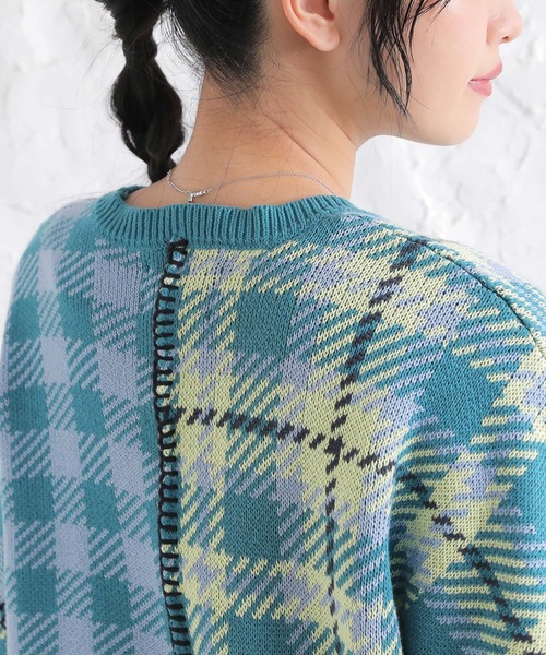 n'OrLABEL(ノアールレーベル)の「『チェック柄切替ステッチジャカードニット』(ニット/セーター・レディース・ミント/ブルーグリーン・FREE)」の10枚目の写真