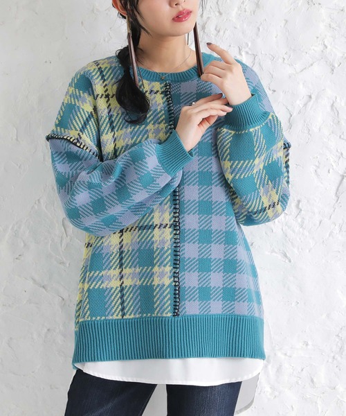 n'OrLABEL(ノアールレーベル)の「『チェック柄切替ステッチジャカードニット』(ニット/セーター・レディース・ミント/ブルーグリーン・FREE)」の11枚目の写真