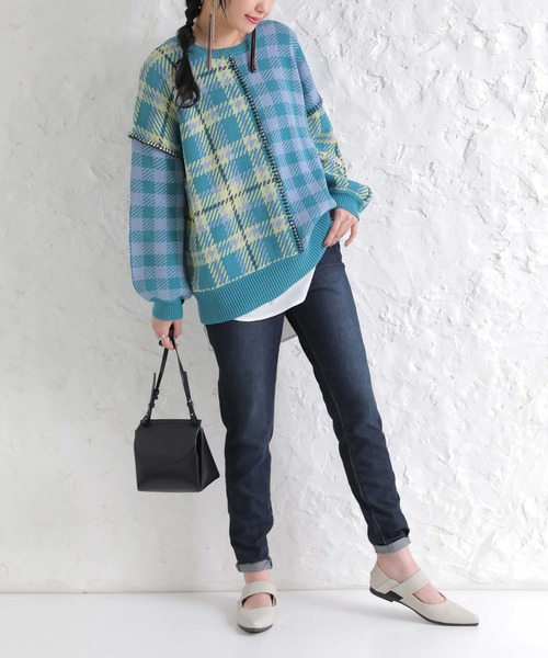 n'OrLABEL(ノアールレーベル)の「『チェック柄切替ステッチジャカードニット』(ニット/セーター・レディース・ミント/ブルーグリーン・FREE)」の12枚目の写真