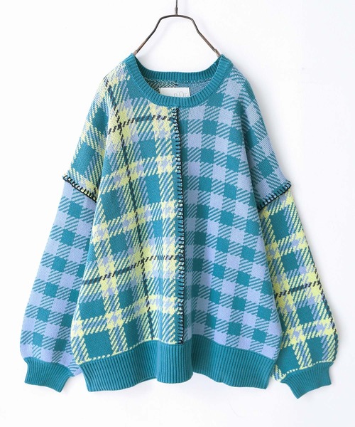 n'OrLABEL(ノアールレーベル)の「『チェック柄切替ステッチジャカードニット』(ニット/セーター・レディース・ミント/ブルーグリーン・FREE)」の21枚目の写真
