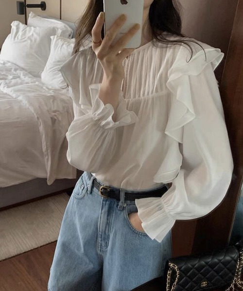 SPIGA（スピーガ）の「ﾋﾟﾝﾀｯｸﾌﾘﾙﾌﾞﾗｳｽ（シャツ/ブラウス・レディース・ベージュ/ブルー/ピンク/ホワイト・FREE）」の5枚目の写真