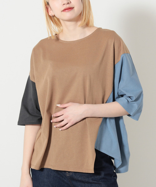 BEAMS HEART(ビームスハート)の「BEAMS HEART / ビッグブロッキング プルオーバー(Tシャツ/カットソー・レディース・ブラウン系その他3/オフホワイト/チャコールグレー・FREE)」の1枚目の写真