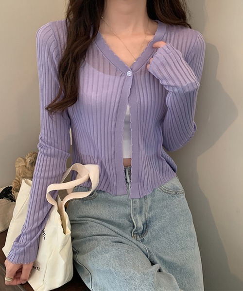 Silly（シリー）の「【韓国コーデに！日焼け対策も◎】8colorシースルーカーディガン（カーディガン/ボレロ・レディース・パープル/イエロー/ライトグリーン/ホワイト/ピンク/ライトブルー/ブラック/アイボリー・FREE）」の6枚目の写真