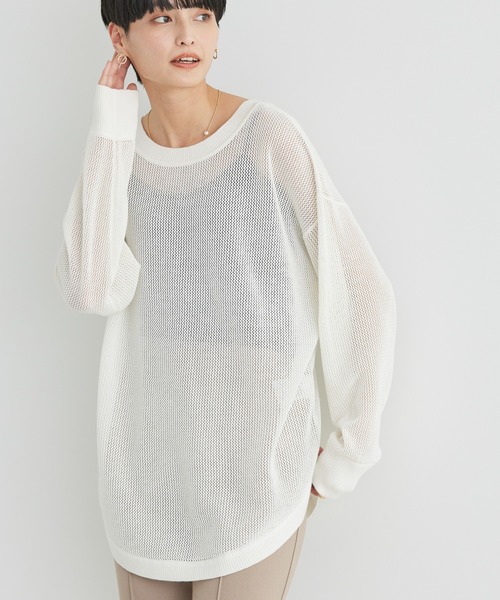 AMERICAN HOLIC（アメリカンホリック）の「2WAY透かし編みニットチュニック（チュニック・レディース・ブラウン/オフホワイト/チャコールグレー・L/M）」の2枚目の写真