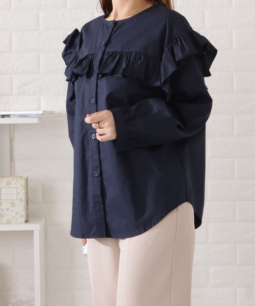 Lace Ladies（レースレディース）の「ラウンドネックフリルギャザーブラウス（シャツ/ブラウス・レディース・ネイビー/ベージュ/ホワイト/ブラック・S/FREE）」の6枚目の写真