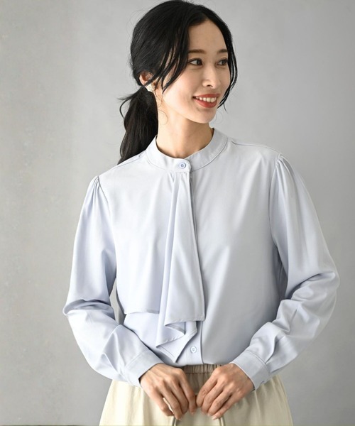Ehre style(エーレスタイル)の「Ehrestyleオリジナル 可愛くならないきれいめボウタイブラウス長袖(シャツ/ブラウス・レディース・ブラック×ホワイト/ブラック/グレー/ベージュ/ホワイト/ピンク/ネイビー/ブルー・M/S/L)」の7枚目の写真