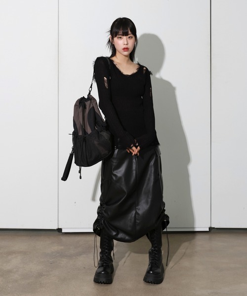 FOLLOWIN（フォロウィン）の「[UNISEX]3カラーストリングメッシュリュック（バックパック/リュック・レディース・グレー/ブラック/カーキ・ONE SIZE）」の5枚目の写真