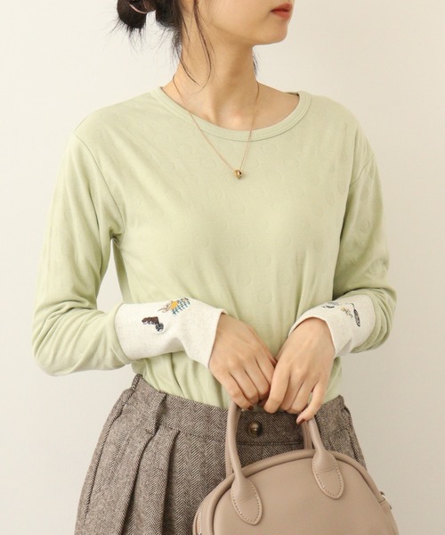 Emago(イマゴ)の「EMAGO 袖リブ切替えロングスリーブ(Tシャツ/カットソー・レディース・アイボリー/グリーン/ネイビー/杢グレー・FREE)」の5枚目の写真