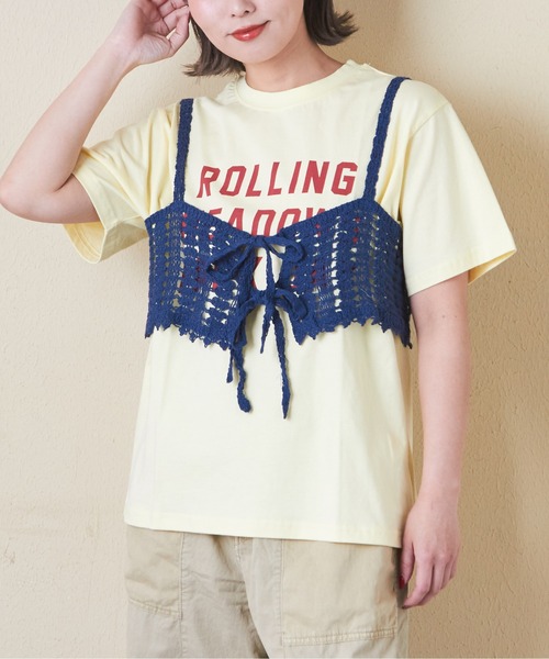 CUBE SUGAR（キューブシュガー）の「<2点SET>カギ針風ビスチェ付ロゴTシャツ（Tシャツ/カットソー・レディース・スミクロ/ライトイエロー/トップグレー/ホワイト・M）」の4枚目の写真