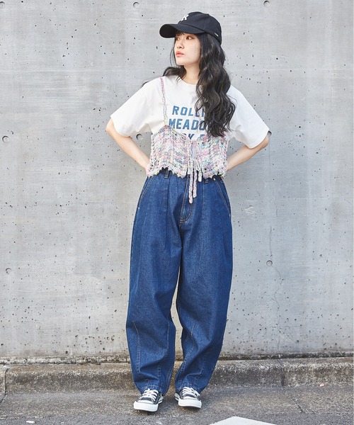 CUBE SUGAR（キューブシュガー）の「<2点SET>カギ針風ビスチェ付ロゴTシャツ（Tシャツ/カットソー・レディース・スミクロ/ライトイエロー/トップグレー/ホワイト・M）」の6枚目の写真