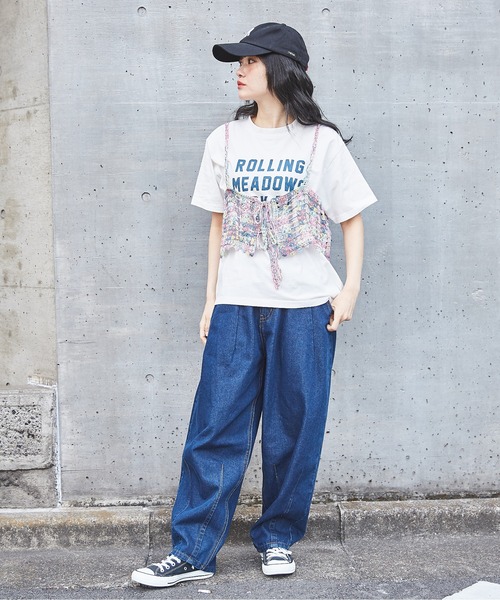 CUBE SUGAR（キューブシュガー）の「<2点SET>カギ針風ビスチェ付ロゴTシャツ（Tシャツ/カットソー・レディース・スミクロ/ライトイエロー/トップグレー/ホワイト・M）」の7枚目の写真