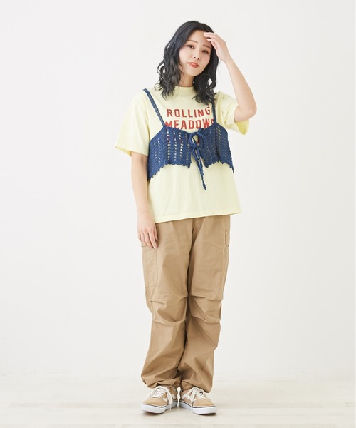 CUBE SUGAR（キューブシュガー）の「<2点SET>カギ針風ビスチェ付ロゴTシャツ（Tシャツ/カットソー・レディース・スミクロ/ライトイエロー/トップグレー/ホワイト・M）」の16枚目の写真